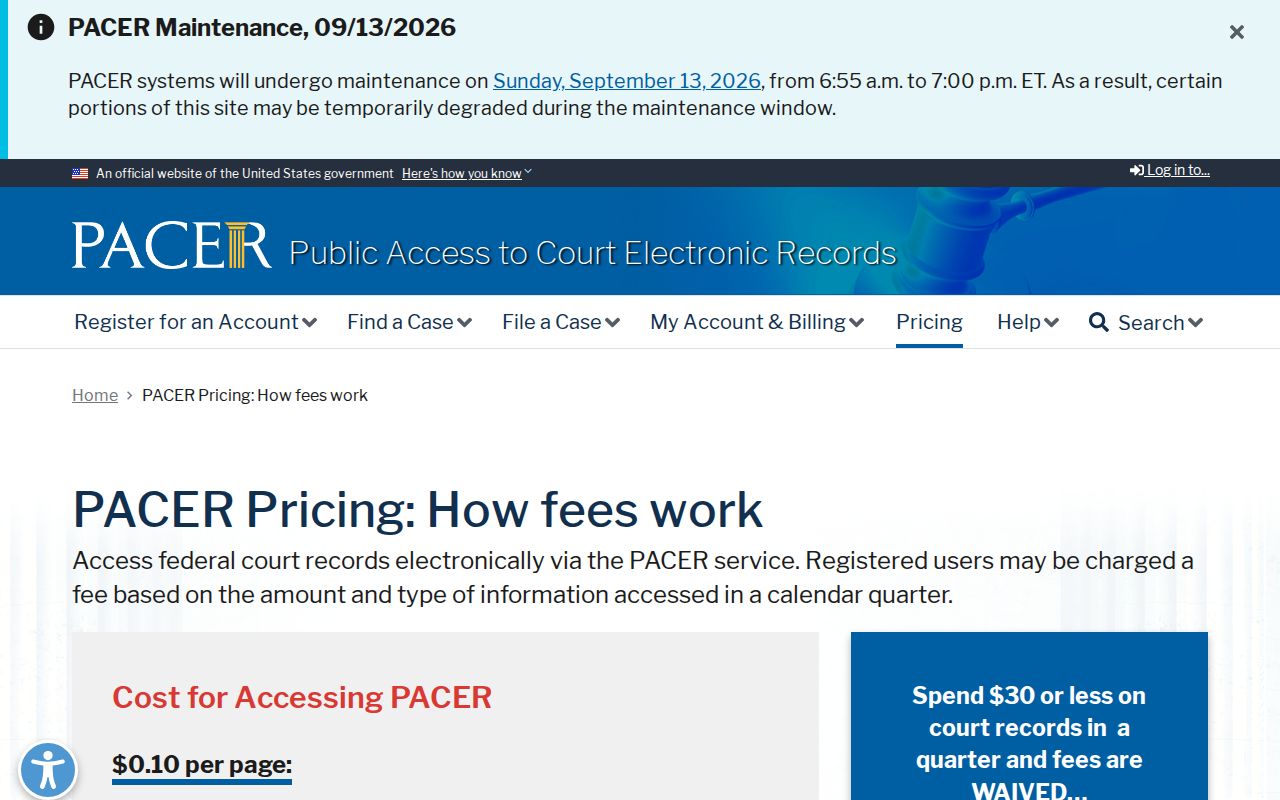 PACER federal case search and fee information