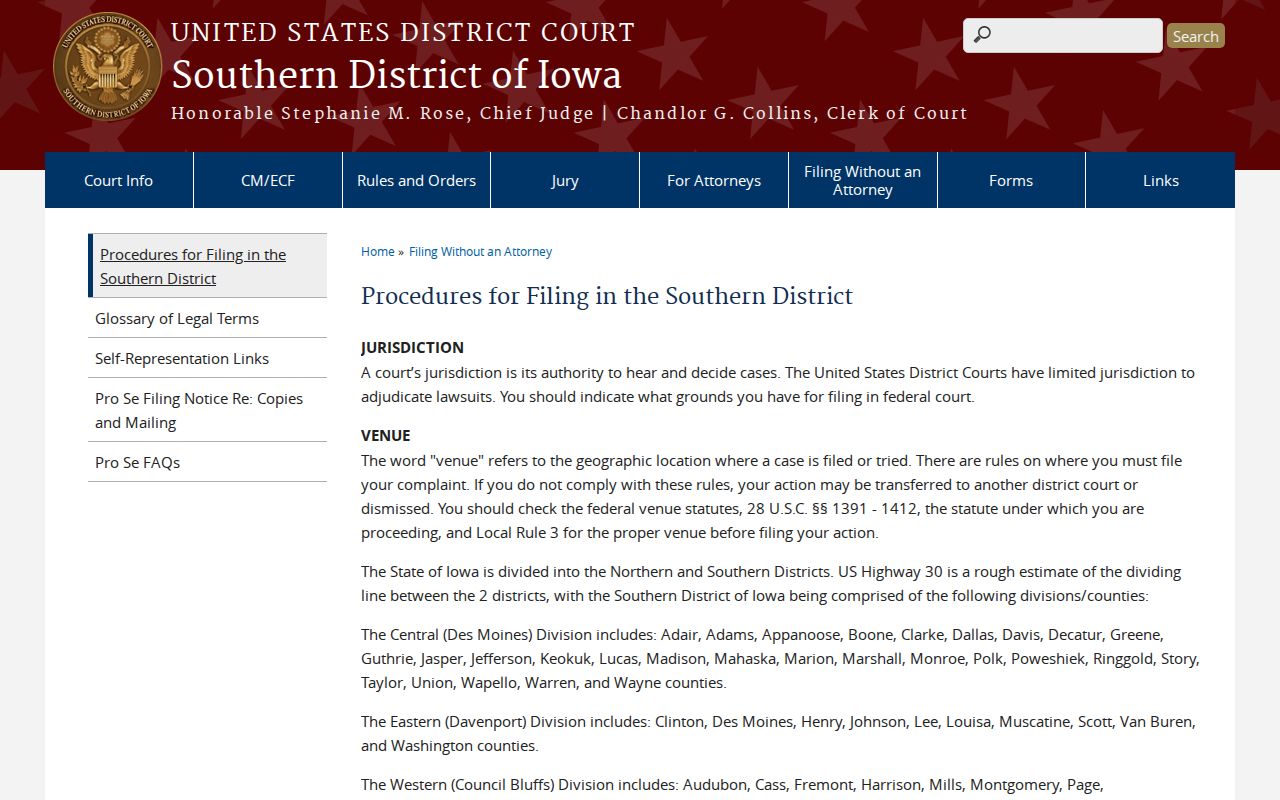 Southern District of Iowa page showing Henry County federal court placement