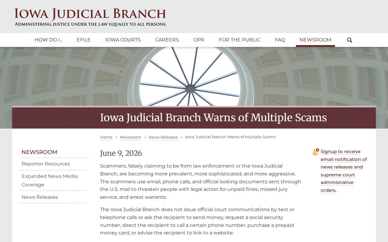 Iowa Judicial Branch warning about fake warrant payment demands affecting Henry County